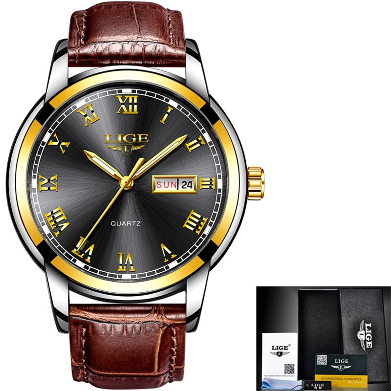 Lige Watch Men's Leather Band Gold Black
