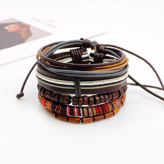 Tibetan Wood Beads Wrap Leather Cord Layers - Mr.YouWho