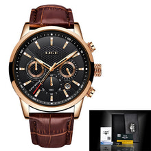 Load image into Gallery viewer, Lige Watch Men&#39;s Leather Band Leather Gold