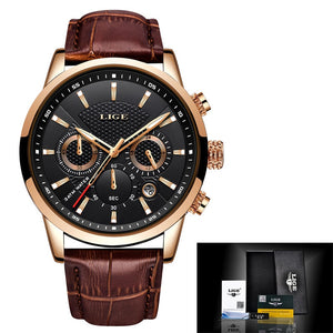 Lige Watch Men's Leather Band Leather Gold