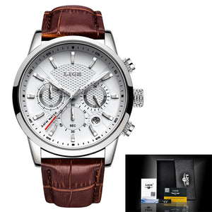 Lige Watch Men's Leather Band Silver White