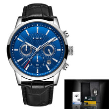 Load image into Gallery viewer, Lige Watch Men&#39;s Leather Band Silver Blue