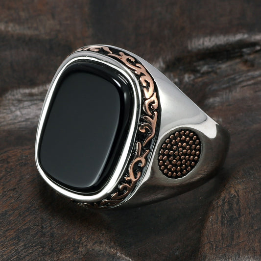 Sterling Silver 925 Vintage Ring with Natural Black Onyx Stone - Mr.YouWho