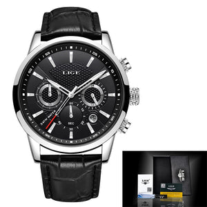 Lige Watch Men's Leather Band Black White