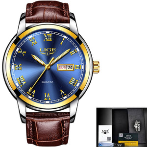 Lige Watch Men's Leather Band Yellow Blue