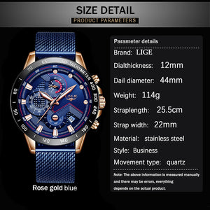 LIGE Fashion Mens Watches Top Brand Luxury WristWatch Quartz Clock Blue Watch Men Waterproof Sport Chronograph Relogio Masculino